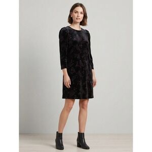 CeCe Velvet Shift Dress Women M Black 3/4 Sleeve Paisley Mini Festive Holiday